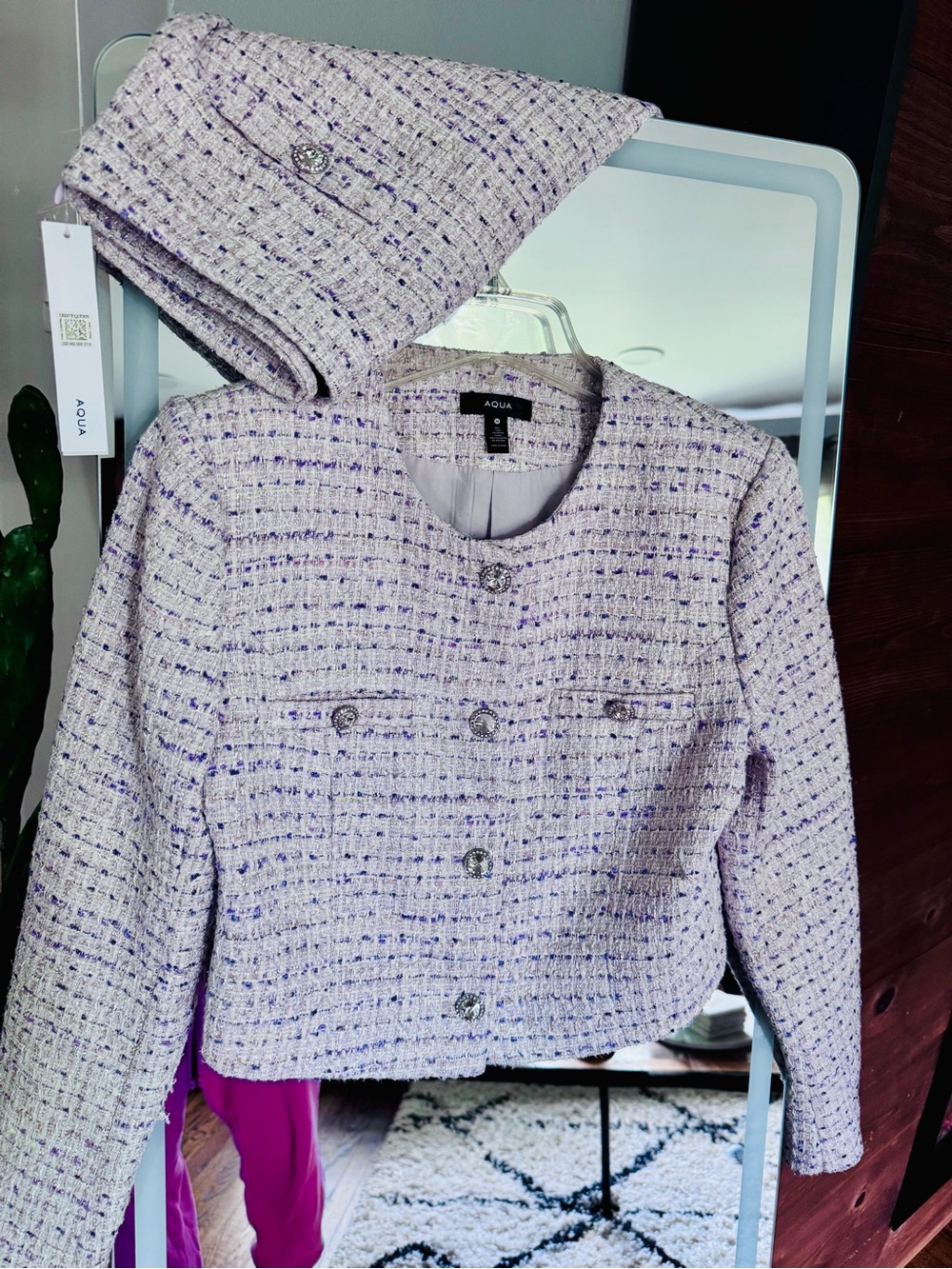 Bloomingdale's Aqua Lilac Tweed Cropped Jacket with Matching mini skirt